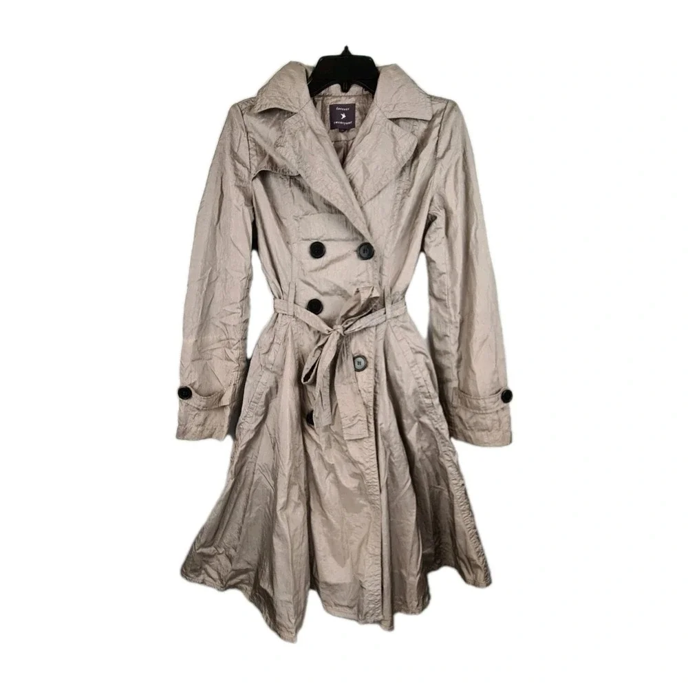 VTG Y2K Forever 21 Trench Coat Dress Double Breasted Shimmer Beige M Belted‎